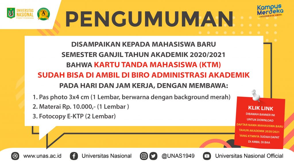 Read more about the article Informasi Pengambilan KTM Mahasiswa Baru UNAS T.A. 2020/2021
