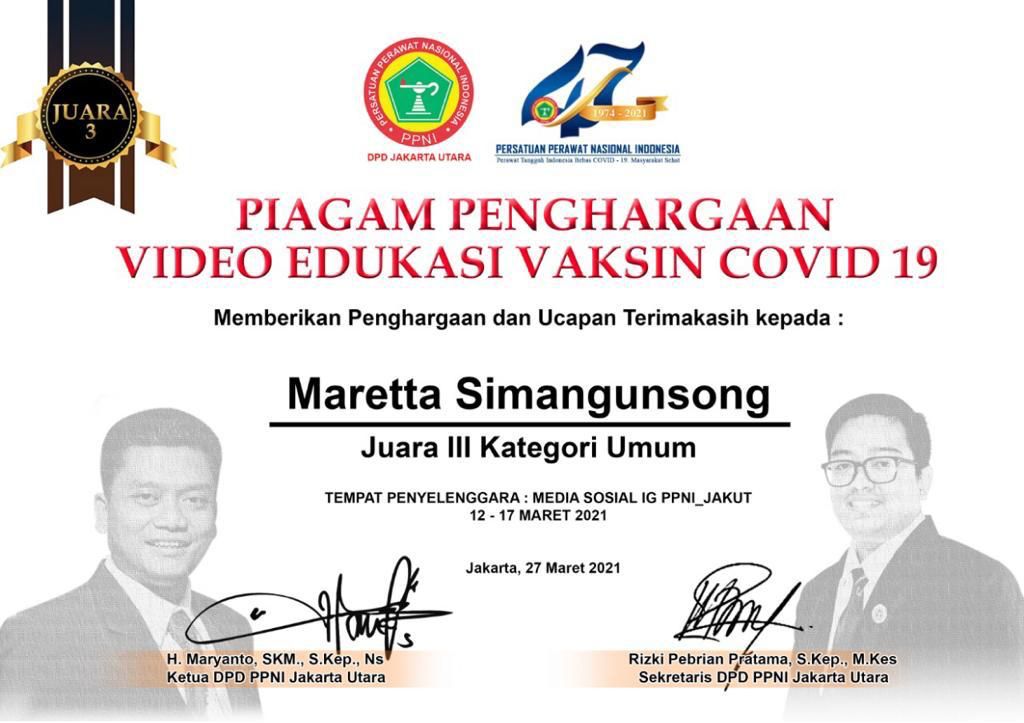 Read more about the article Selamat Atas Prestasi Maretta dalam Lomba Video Edukasi Oleh PPNI