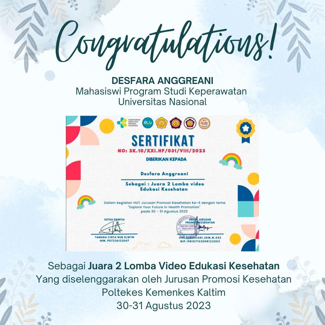 Read more about the article Desfara, Mahasiswa Keperawatan Fikes Unas, Raih Juara Lomba Video Edukasi Kesehatan
