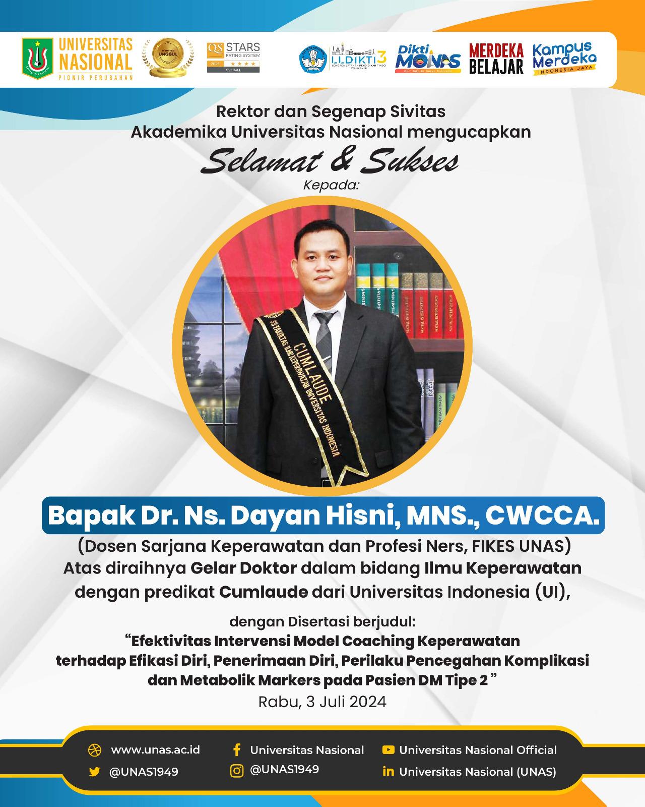 Read more about the article Selamat & Sukses Kepada Bpk Dr. Ns. Dayan Hisni, MNS., CWCCA. Atas Diraihnya Gelar Doktor dalam bidang Ilmu Keperawatan